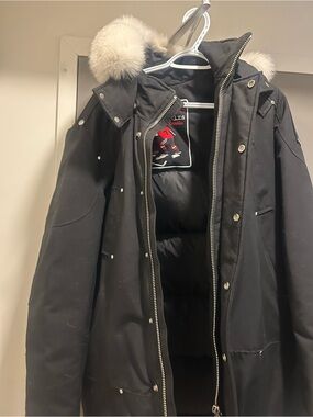 Moose Knuckles Men's Black Parka with Light Fur Trim Hood
